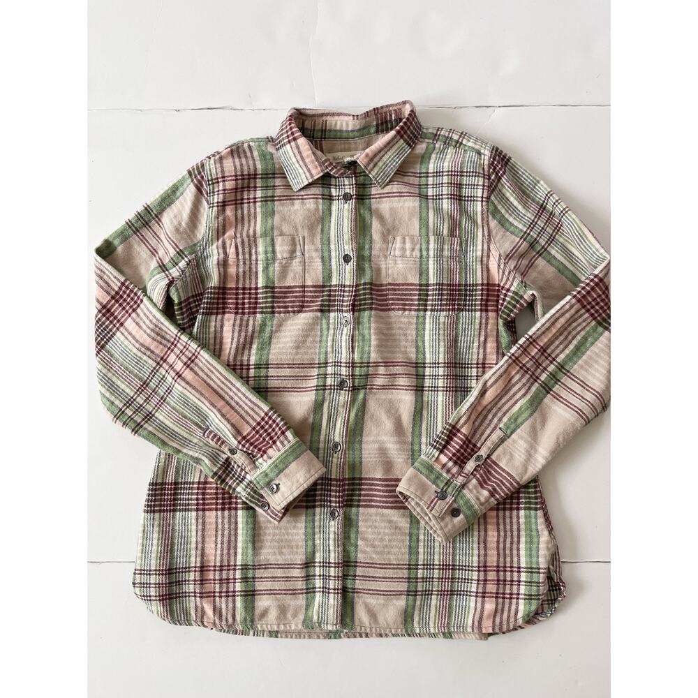 Woolrich Pemberton Shirt Womens L Beige Plaid Flannel Button Up Long Sleeve